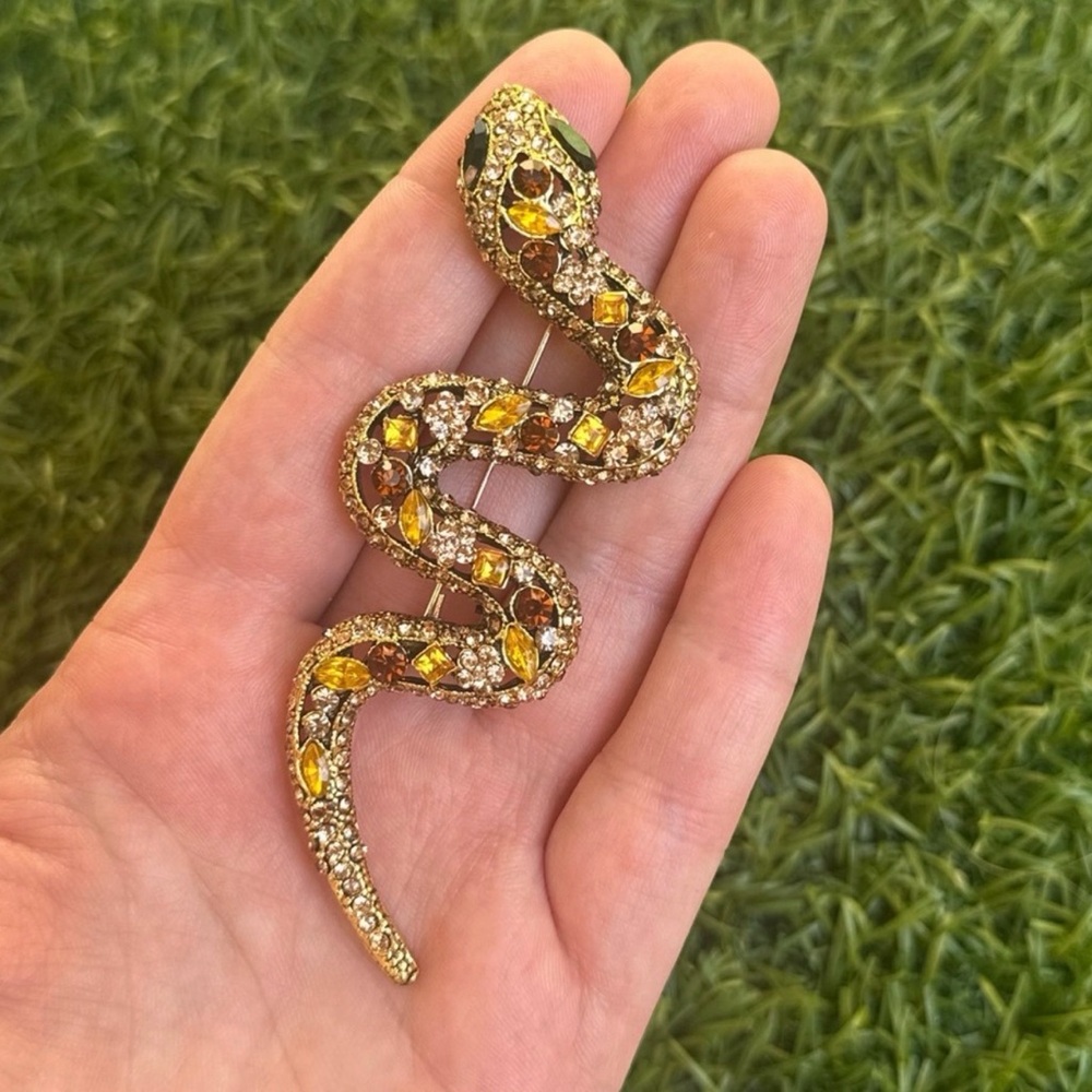 Snake Brooch with Red Amber Crystals Serpent Brooch - Picture 3 of 3